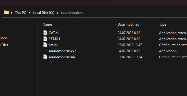 SoundModem should look roughly like this. The configuration files may be missing! They are created automatically the first time the program starts